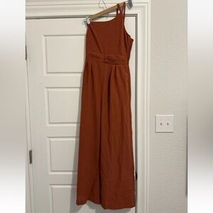 Pretty Garden One Shoulder Strap Smocked Back Jumpsuit Rust Size S